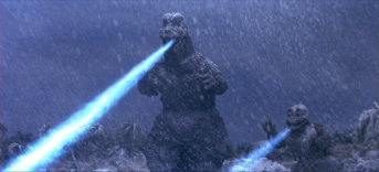 Godzilla and Minira shooting atomic fire
